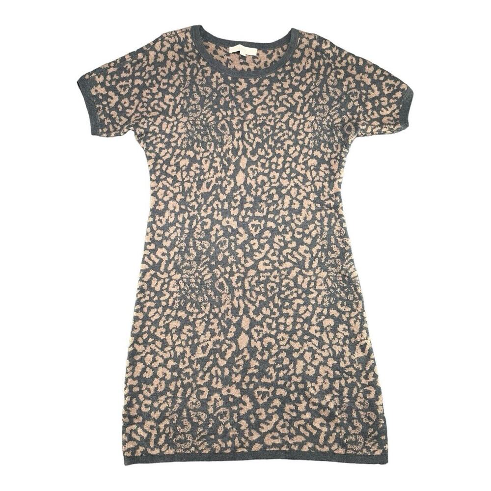 Leopard Print Womens Sweater Dress Soft brown gray Short Sleeve‎ Medium Ann Tay